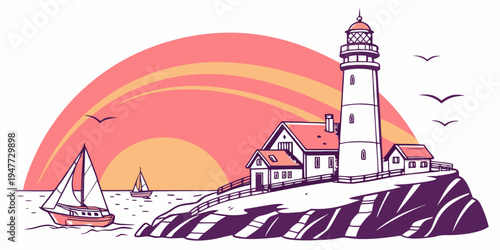 A lighthouse on a rocky cliff by the sea at sunset Vector