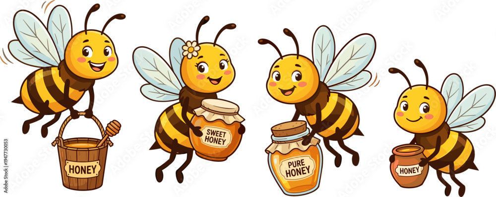 Fototapeta premium Four Cartoon Bees Holding Honey Jars and Bucket With White Background