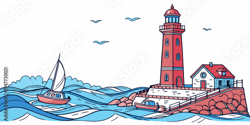 A red lighthouse on a rocky coastline with a sailboat Vector