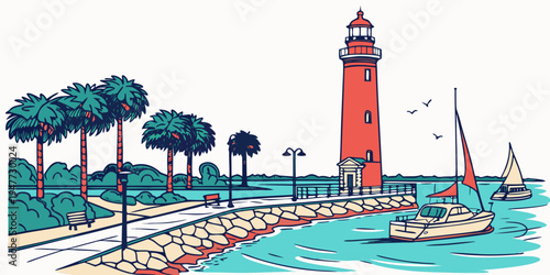 A red lighthouse on a coastline with a sailboat in the water Vector