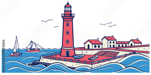 A red lighthouse on a rocky coastline with buildings Vector