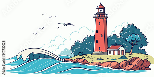 A red lighthouse on a rocky coastline Vector