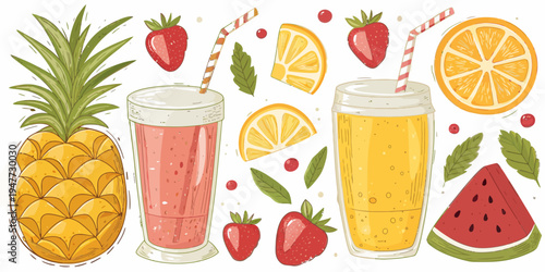 A colorful vector illustration of fresh fruit and juice glasses
