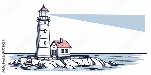A white lighthouse on a rocky island with a red roofed house Vector