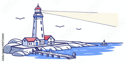 A lighthouse on a rocky coastline with a beam of light Vector