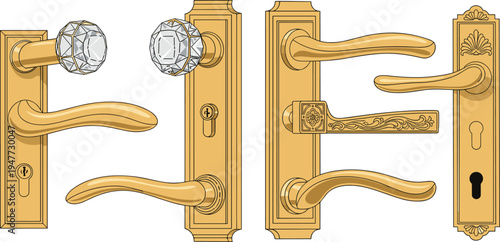 Elegant Gold Door Handles and Crystal Doorknobs Set with Decorative Vintage Hardware Design