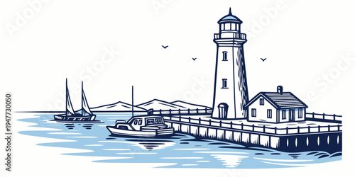A lighthouse on a pier by the water Vector