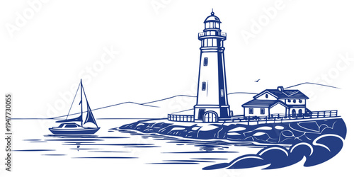 A blue and white drawing of a lighthouse on a rocky shoreline by the sea Vector