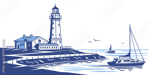A blue and white illustration of a lighthouse on a rocky coastline with a sailboat Vector