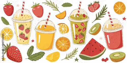 A colorful illustration of various fruit smoothies and fresh fruits in a vibrant and playful design