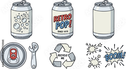 Retro Soda Can Vector Icon Set with Pull Tab, Can Opener, Recycling Symbol and Comic “BOOM” Stickers (Clipart Pack, Isolated)