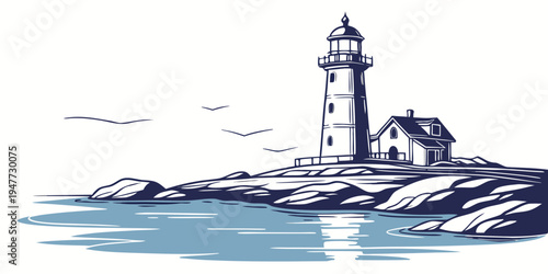 A lighthouse on a rocky coastline with birds flying overhead Vector