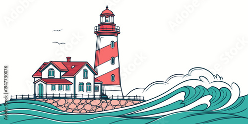 A red and white lighthouse on a rocky coastline Vector