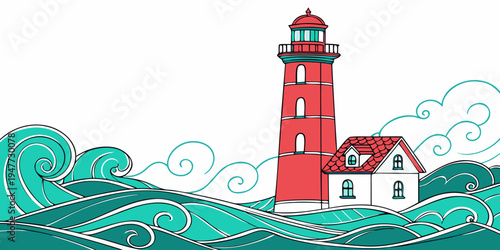 A red lighthouse standing tall on a rocky coastline Vector