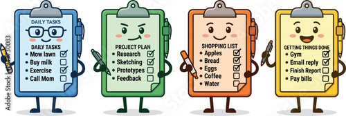 Four Cartoon Clipboards With To Do Lists And Pens And Pencils
