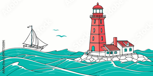 A red lighthouse on a small rocky island in the ocean Vector