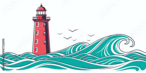 A red lighthouse standing tall amidst a large wave Vector