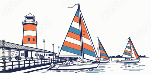 Sailboats with orange and blue sails near a lighthouse Vector