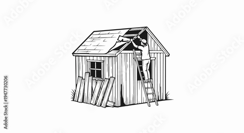 Person repairing the roof of a small wooden shed using a ladder