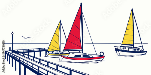 Sailboats are moored at a dock by the sea Vector