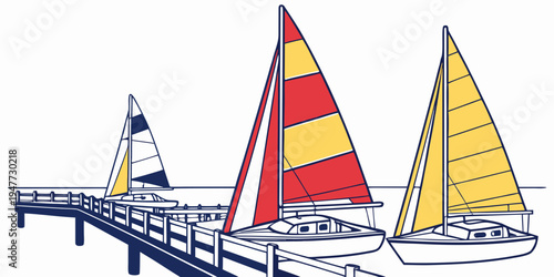 Sailboats docked at a pier with colorful sails Vector