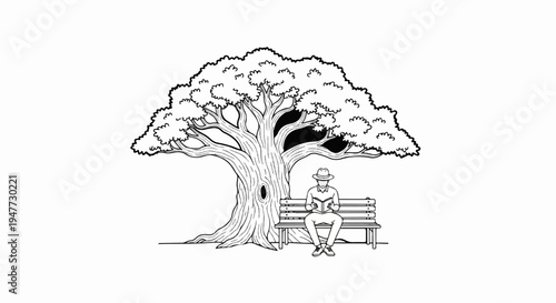 Person reads book on bench under large tree