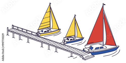Three sailboats on a dock with different colored sails Vector