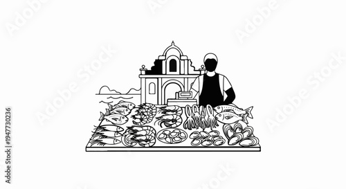Person selling seafood with a building in the background and a variety of fish and shellfish