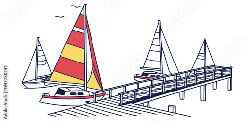 A sailboat on a body of water near a dock Vector
