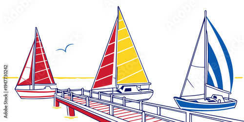 Three sailboats on the water with a seagull flying overhead Vector