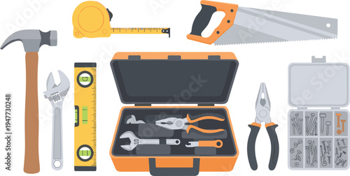 Hand Tools Set with Toolbox, Hammer, Saw, Pliers, Wrench, Level, and Measuring Tape for Construction and Repair