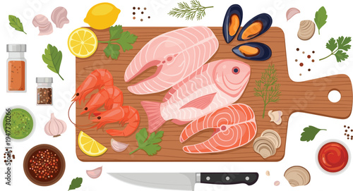 Fresh Seafood Ingredients on Cutting Board with Salmon, Fish Fillets, Shrimp, Mussels, Lemon, and Herbs for Cooking