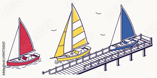 Three sailboats on a dock with colorful sails Vector