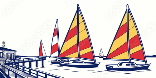 Sailboats with red and yellow striped sails on the water Vector