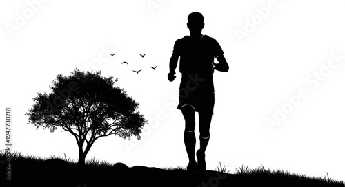 Silhouette of a runner in motion next to a tree and birds.