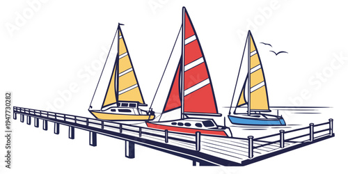 Three sailboats on a pier with vibrant red and yellow sails Vector