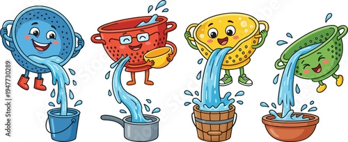 Four Cartoon Kitchen Strainers Pouring Water into Buckets and Pots