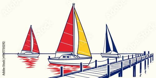 Sailboats are moored at a dock by the water Vector