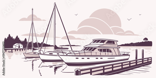 A boat is docked at a pier near the shore Vector