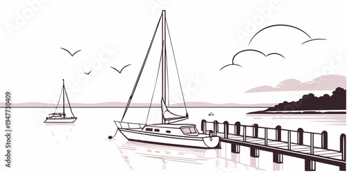 A sailboat floats on calm waters near a pier Vector