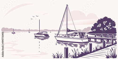 A sailboat on a lake with a tree in the background Vector