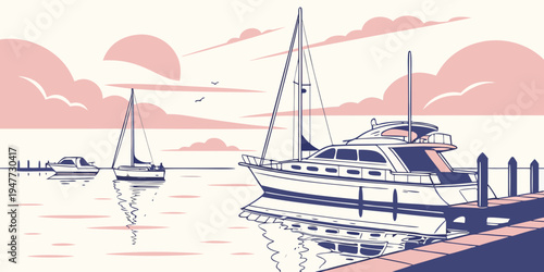 A boat is docked at a pier on a calm body of water Vector