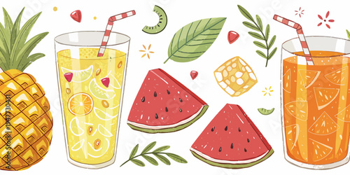 A colorful vector illustration of refreshing summer drinks and fruits