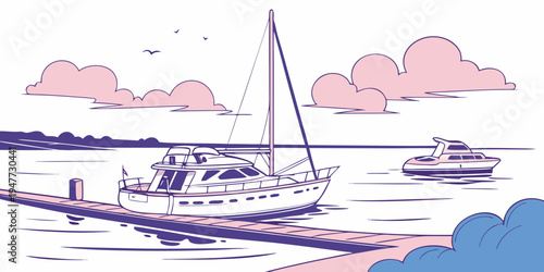 A sailboat floats on calm waters near a dock Vector