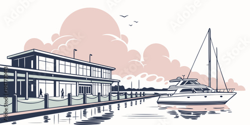 A house on a pier with a boat docked next to it Vector