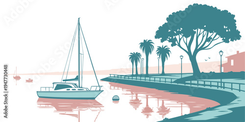 A sailboat floats on a serene body of water near a tree lined promenade Vector