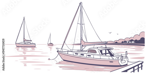 Sailboats are moored at a dock on a calm body of water Vector