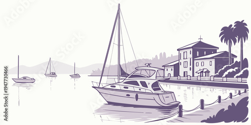 A sailboat is docked in a marina near a large building Vector