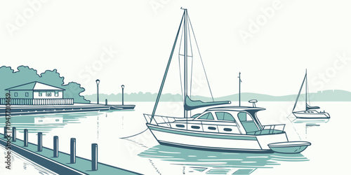 A sailboat floats on the water near a dock Vector