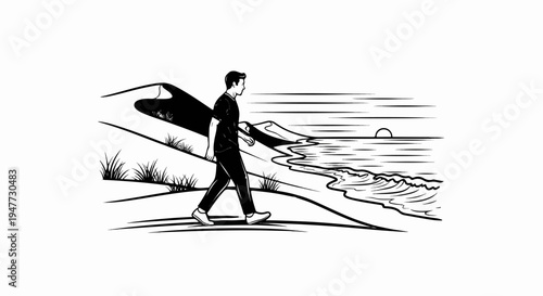Person walking along a sandy dune beside ocean waves at sunset